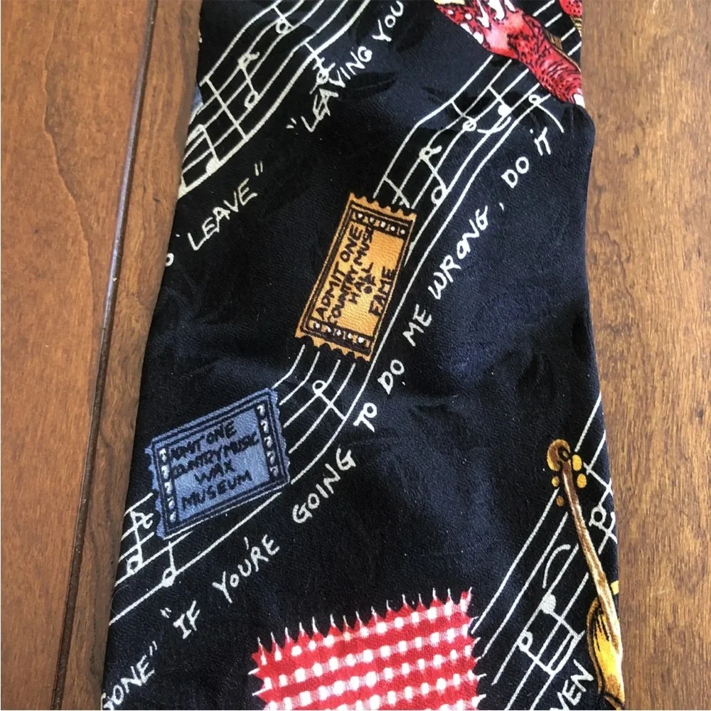 Nicole Miller Country Music Silk Tie Guitar Cowboy Hat Record Black Vintage 90s